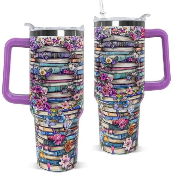 Book Lovers Floral Tumbler - 40 Oz Stainless Steel Insulated Handle Cup Gifts for Women Readers, Bookish & Librarian