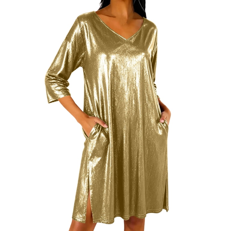 gold dresses under 100 ChaoHeng Maxi for Women Maxi Dresses for Women Embroidery V Neck Side Slit Long Sleeve Solid Party Dress Gold L labordaysaleincluded