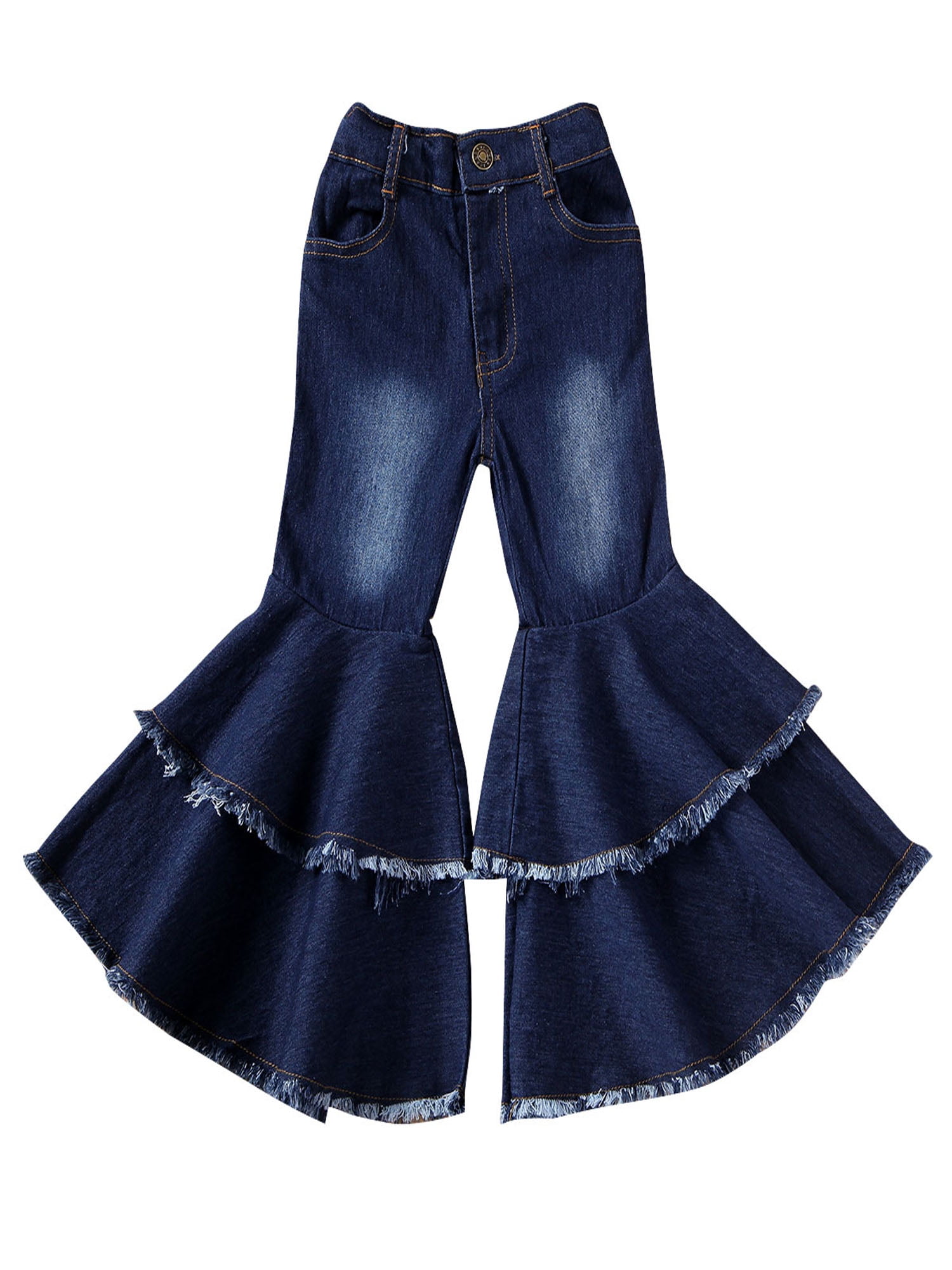 Zainafacai Kid Baby Girl Flower Embroidered Bell Bottom Jeans Elastic Waist Tassel Flare Denim Pants