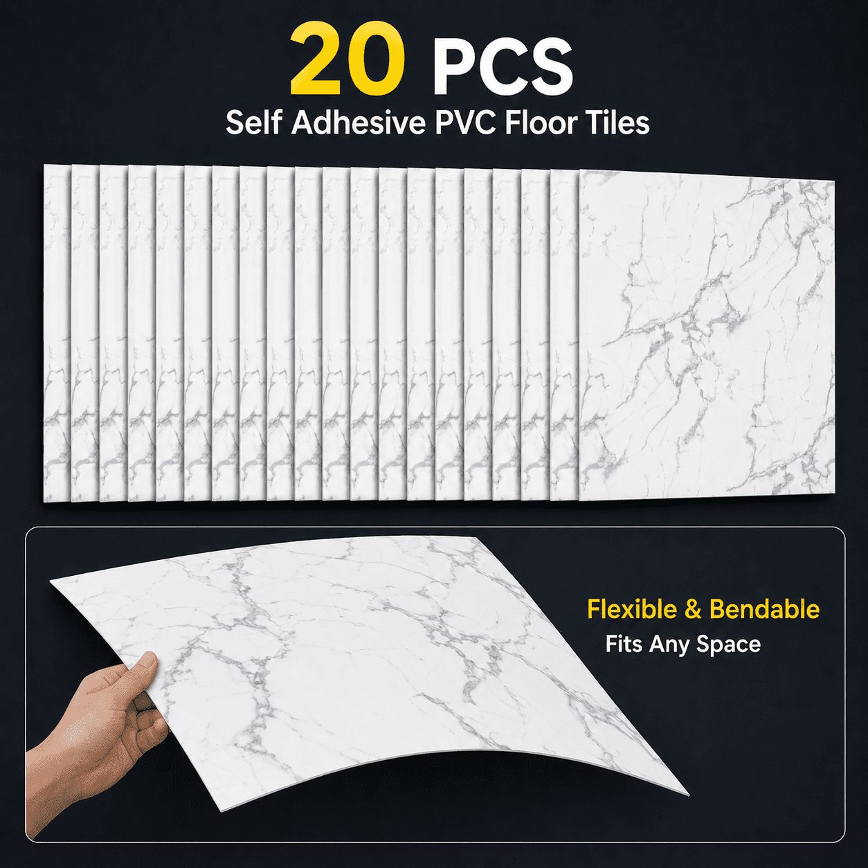 Peel and Stick PVC Vinyl Flooring 20-Pack 24x24 Inch, Self-Adhesive Floor Tiles and Waterproof Flooring for Home Kitchen Bathroom, White Marble Pattern