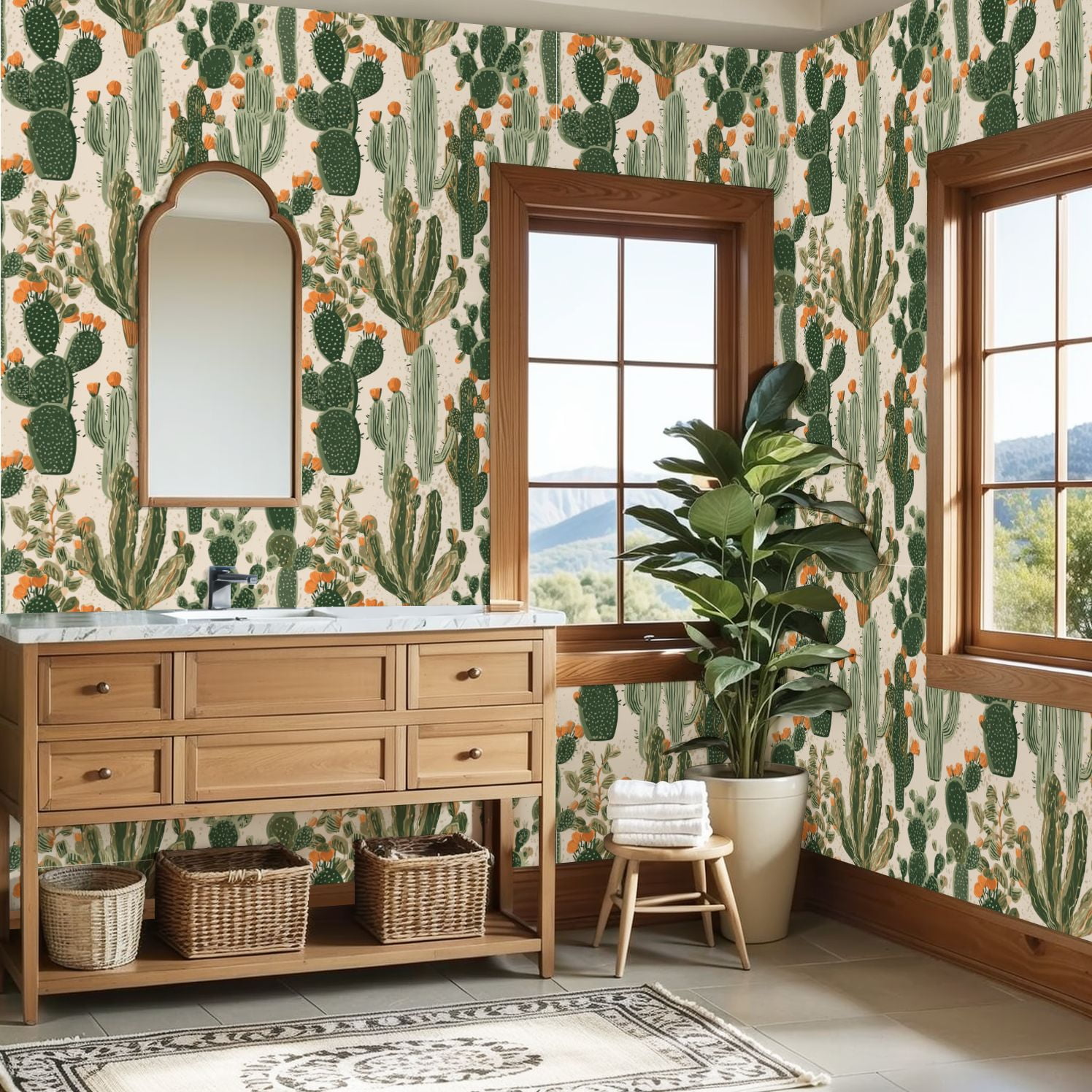 Peel and Stick Wallpaper 23.6in x 9.8ft Desert Cactus Succulent Orange Blooms Contact Paper Vinyl Self-Adhesive Removable Wall Paper for Bedroom DIY Home Decor Renter Friendly