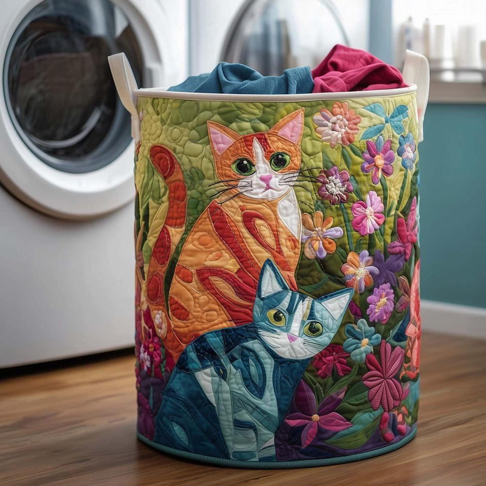 Quilted Laundry Basket with Handles, Boho Floral Fabric Storage Hamper, Large Soft Quilted Laundry Basket for Nursery, Bedroom, Laundry Room,Clothes & Toys (Cat Pattern A, S)