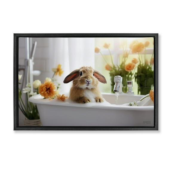 Stupell Industries Bathing Baby Bunny Typography Painting Black Floater Framed Canvas Art Print Wall Art, 25 x 17