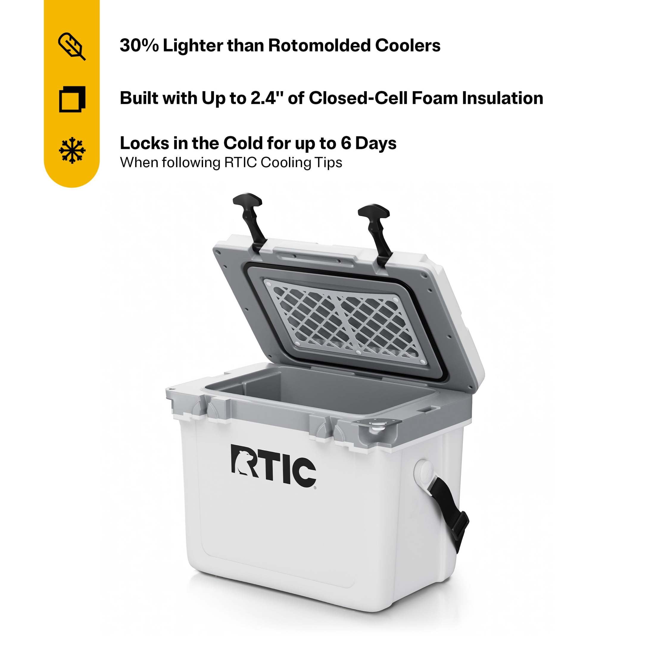 RTIC 22 QT Hard-Sided Cooler, Fits 30 Cans or 8 Wine Bottles, White & Grey