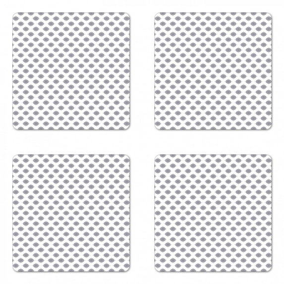 Vintage Coaster Set of 4, Diagonal Pattern Squares with Repetitive Spring Flower Motifs, Square Hardboard Gloss Coasters, Standard Size, Grey Grey White, by Ambesonne