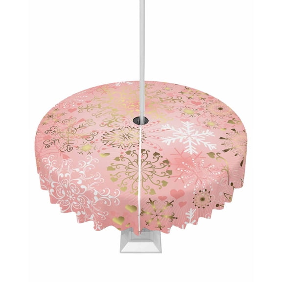 Fsddascl Pink Snowflake Christmas Outdoor Tablecloth - 54 Inch Round Dining Table Cover, Xmas Snowflake Waterproof Outdoor Table Cloth with Umbrella Hole & Zipper for Picnic/Patio/Party