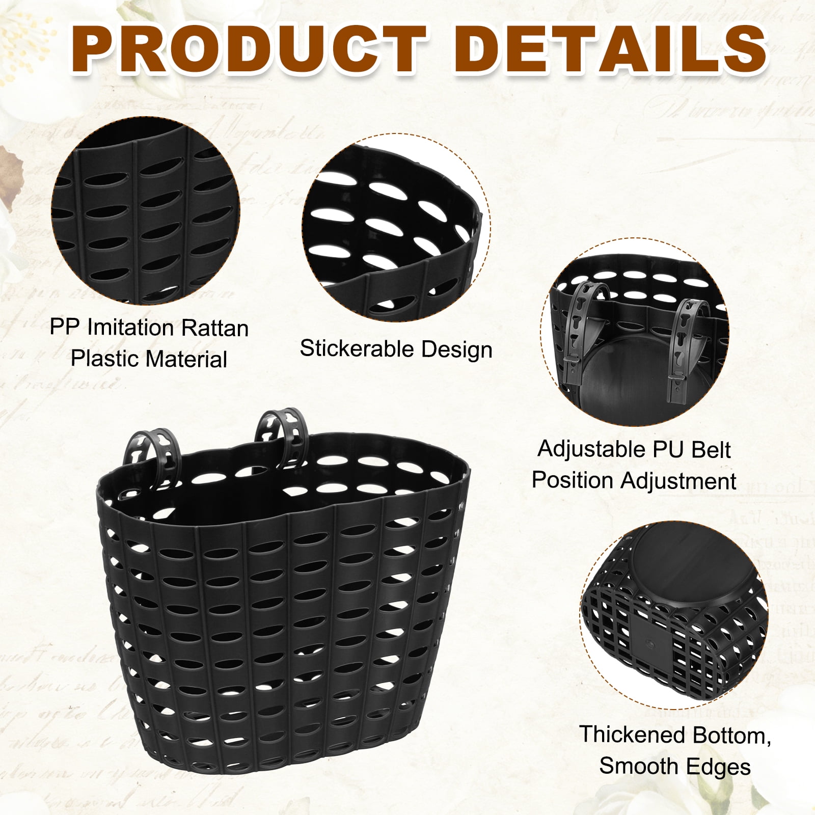 Uxcell Bike Basket, Plastic Bicycle Basket Adjustable Front Baskets with 2 Adjustment Buckles Unisex Strong Load 7.7 x 5.1 x 5.9" & Black-Fitting For(Most Bikes/Tricycle/Scooters)