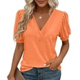 thumbnail image 2 of Ayolanni Solid Womens T Shirts Patchwork V-Neck Collarless Short Sleeve Blouse Dressy Workout Plus Size Puff Tees Women's Tops, Tees & Blouses Orange XL, 2 of 7