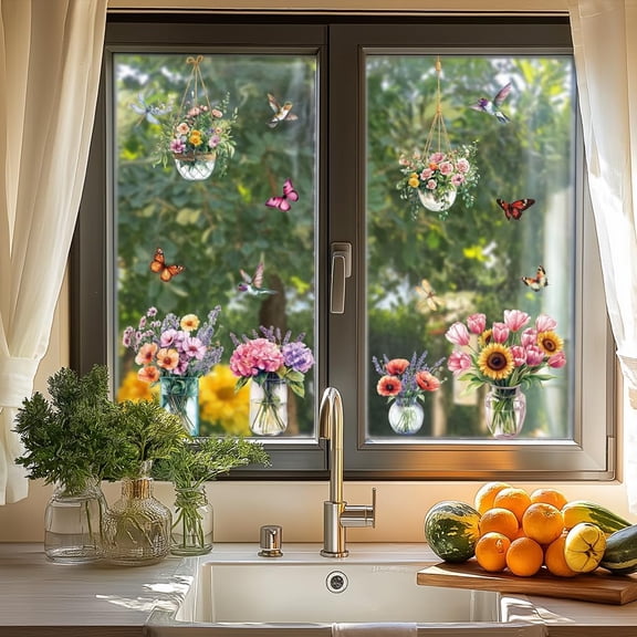 Spring Static Window Clings Vase Butterfly Hummingbird 1 Sheet Reusable Window Decals forGlass 47.24" x 11.8" Removable Double Sided Window Sticker