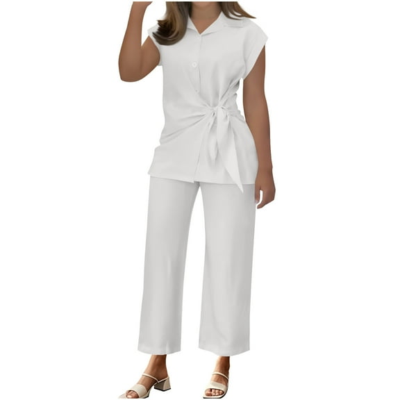 Kaemgyyd Women's 2 Piece Outfits Fashion Tie Front Button up Office Top with Wide Leg Pants Sets Casual Work Business Suits