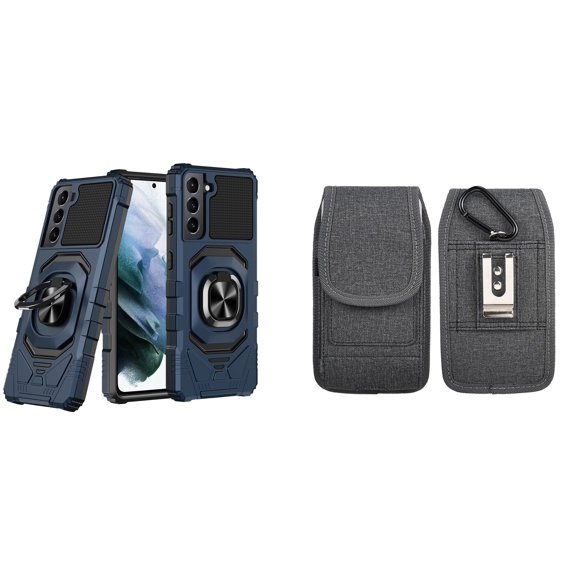 Case with Belt Holster Bundle for Samsung Galaxy S22 Ultra: Heavy Duty Shield Cover (Blue) and Vertical Phone Pouch Nylon Fabric (Grey)