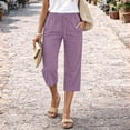 thumbnail image 2 of Capri Pants for Women Cotton Linen Straight Leg Pants with Pockets Cropped Elastic Waist Vacation Trousers, S, 2 of 6