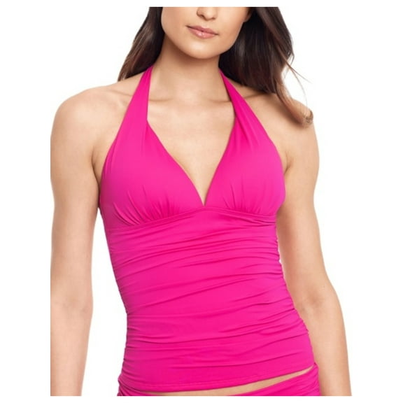 LAUREN RALPH LAUREN Women's Pink Stretch Allover Slimming Shirred Deep V Neck Molded Cup Beach Club Halter Tankini Swimsuit Top 8
