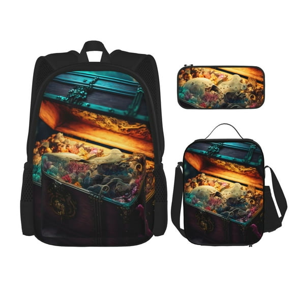 Easygdp Underwater Treasure Chest Mochila para Niños y Niñas con Set de Caja de Almuerzo y Estuche para Lápices 3 en 1, Mochila Escolar Estampada para Adolescentes