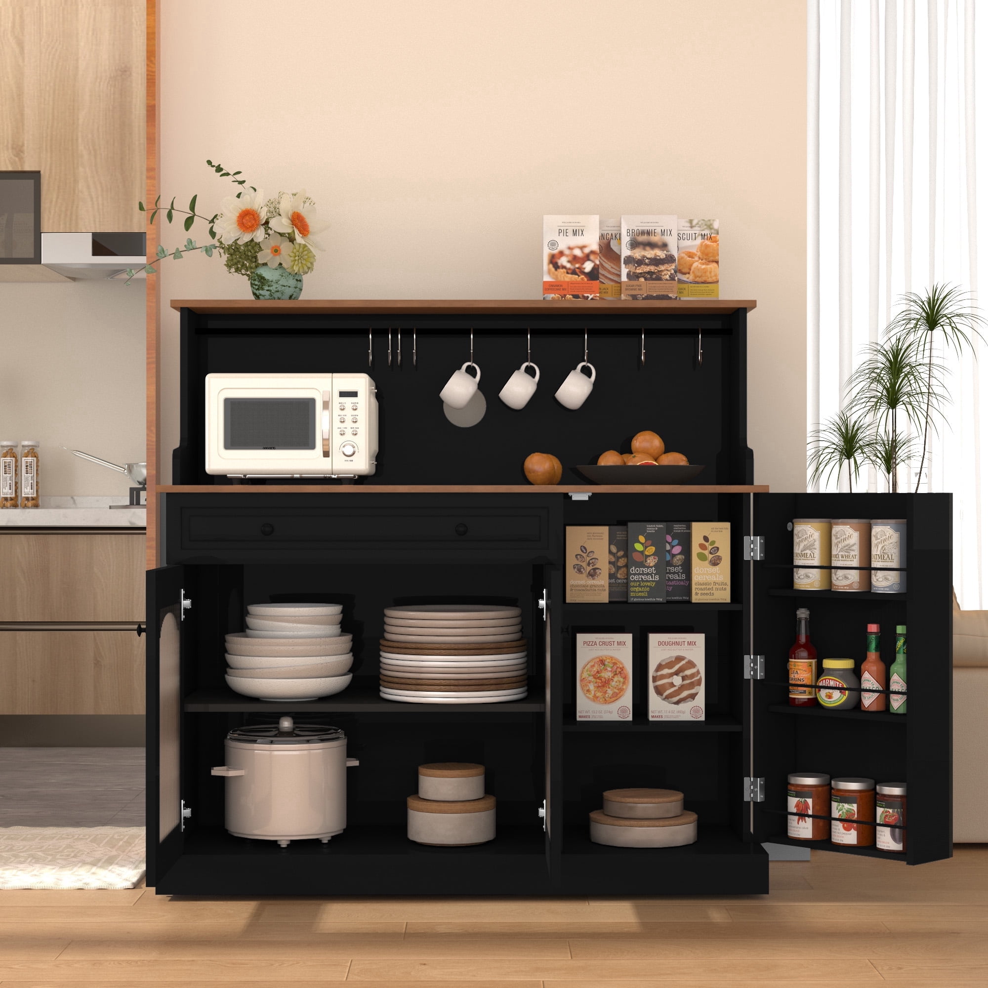 CBJCBJ 48“ Modern Wood Kitchen Pantry Cabinet with Coffee Bar, Drawer & Microwave Stand,Black