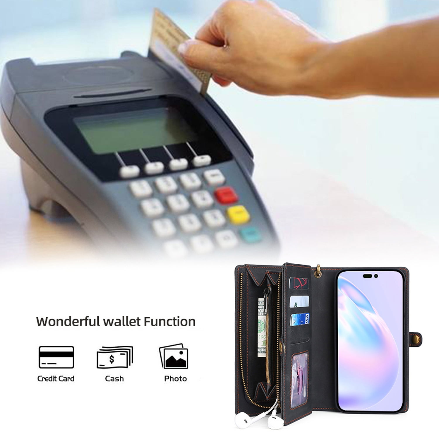 Detachable Wallet Case for iPhone 7 / iPhone 8 / iPhone SE 2022 & 2020, 2-in-1 Zipper Wallet with Credit Card Holder, PU Leather Wrist Strap Flip Stand Shockproof Magnetic Purse Phone Cover, Black