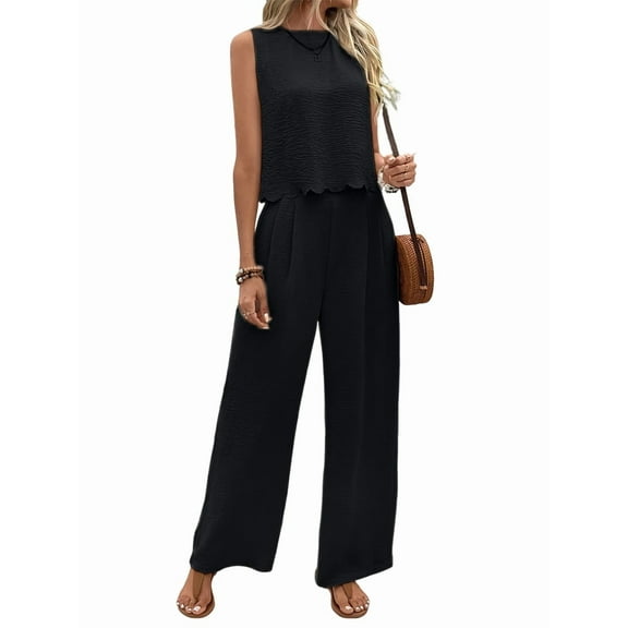Women'S 2 Piece Outfits Vest Crew Neck Sleeveless Casual Sets Wide Leg Pants Suits Black XXL