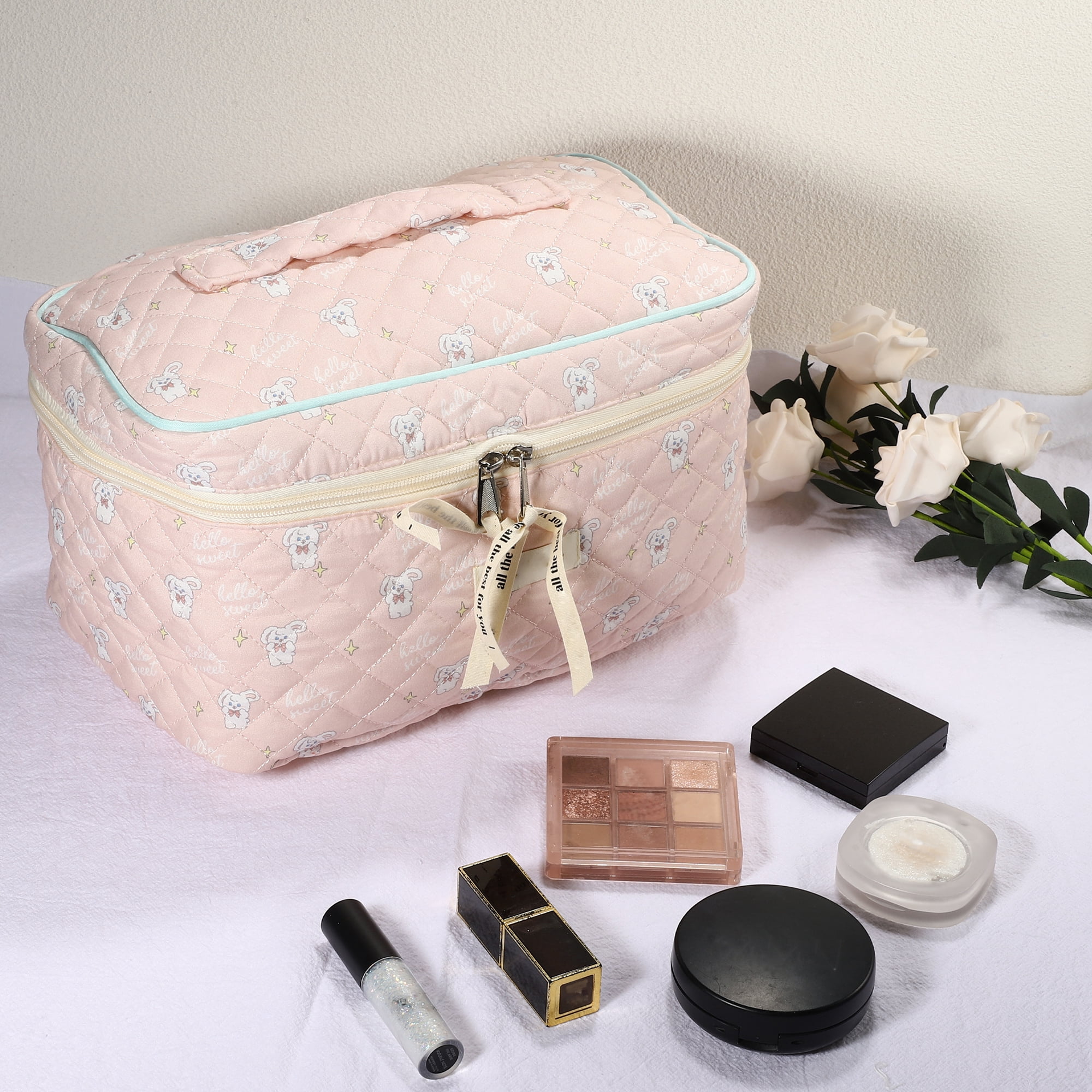 Unique Bargains Cotton Makeup Bag Aesthetic Cute Rabbit Pattern Makeup Bag for Women Pink