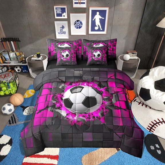 Erosebridal Soccer Bed in a Bag Full size,Sport Theme Bed Set,Black Reversible,7pcs