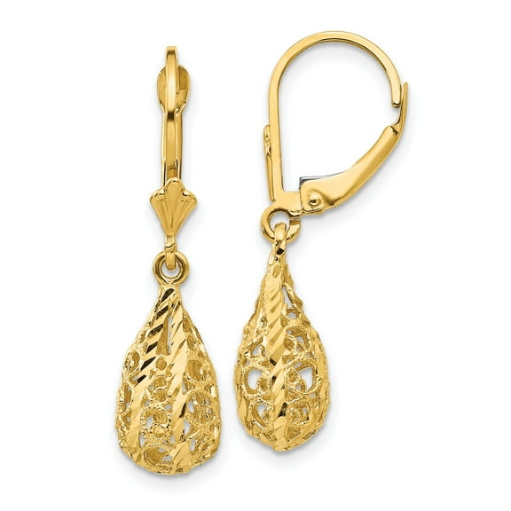 14K Gold Filigree Dangle Lever Back Earrings Jewelry
