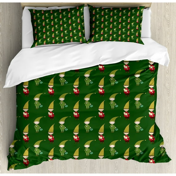 Gnome Duvet Cover Set King Size, Elves with Dove Birds and Watering Clove Cartoon Style Composition, Decorative 3 Piece Bedding Set with 2 Pillow Shams, Forest Green Ruby Vermilion, by Ambesonne