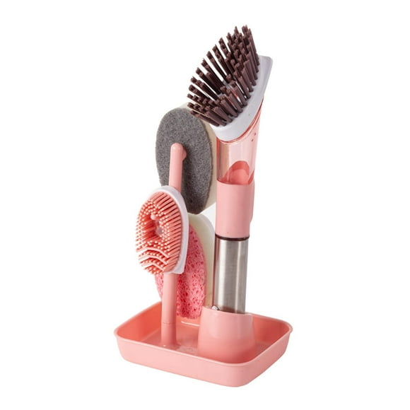 Cepillo de limpieza de cocina 4 en 1: incluye dispensador de jabón y cepillo para ollas y cuencos. Rosado