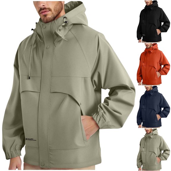 Mens Raincoats Plus Size Mens Jackets Man Solid Color Windproof Water Prooft Zipper Pocket Drawstring Hooded Outdoor Jacket Coat, S-4XL