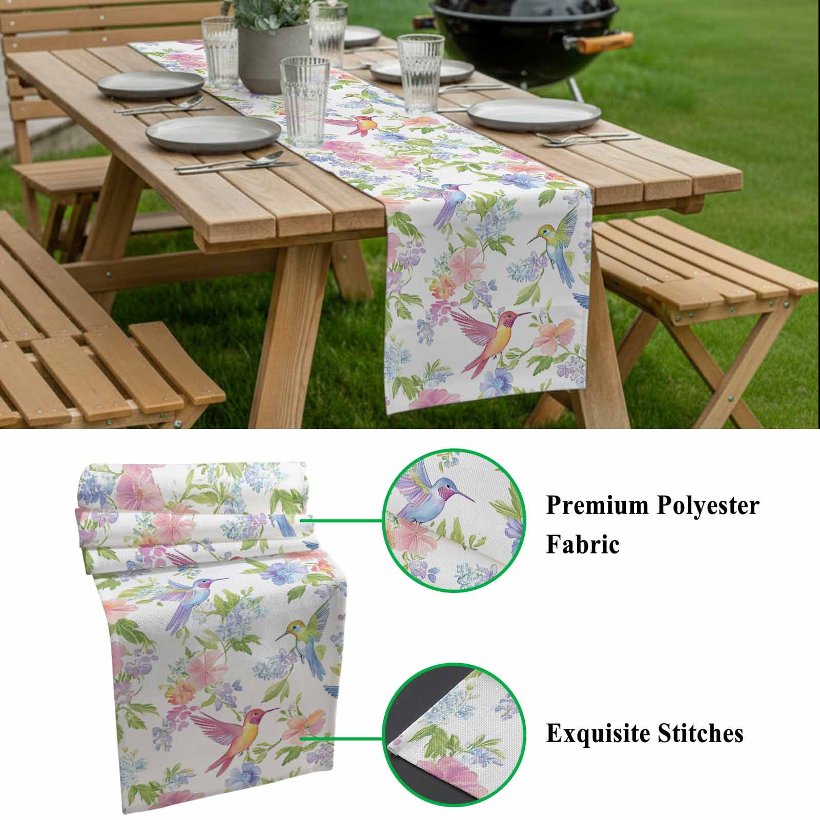 Spring Hummingbird Cotton Linen Table Runner Colorful Birds Dining Table Runners for Home Decor Party Dining Room Restaurant Kitchen 13" x 120"
