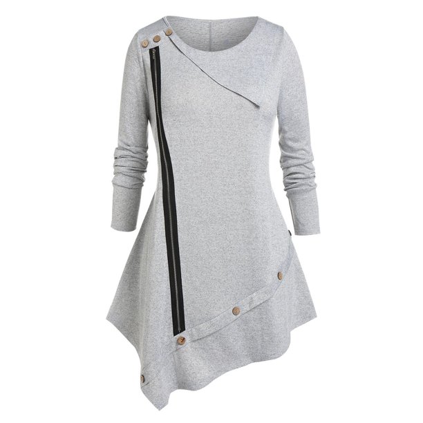 Camiseta Irregular Cremallera Talla Extra Rosegal Mangas largas de talla grande