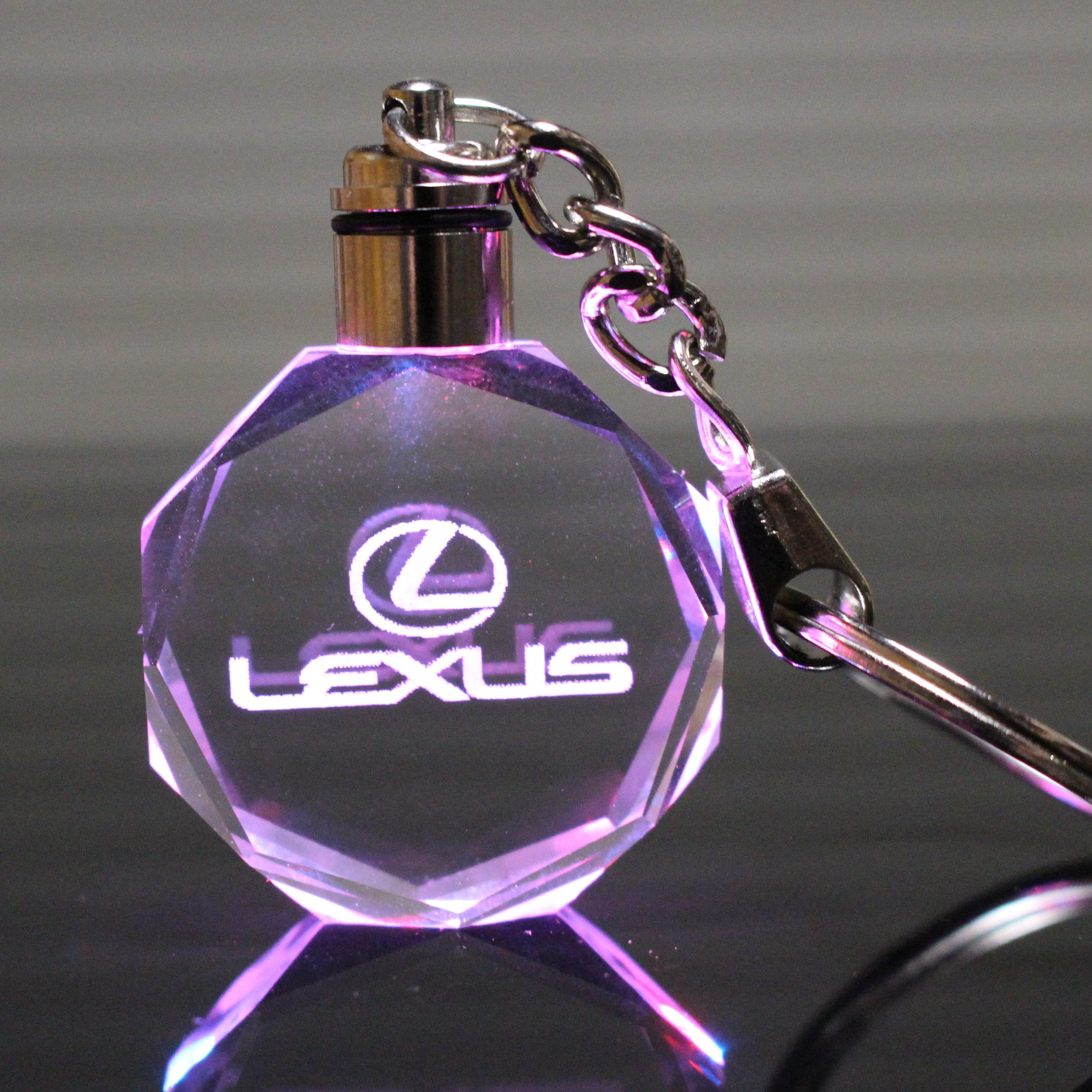 Flashing Keychain with Car Logo, Laser Engraved Crystal Body w/Colorful