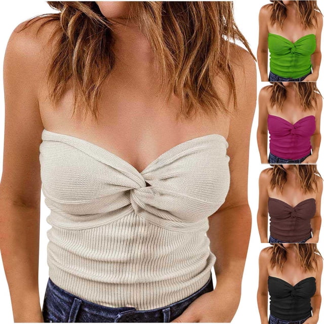 Qtocio Womens Strapless Tube Tops Sleeveless Ribbed Knit Camisole Solid Color Casual Basic Daily Wear