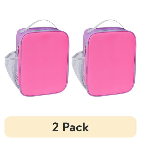 (2 pack) Your Zone Reusable Polyester Lunch Bag with Top Handle & Side Mesh Pocket, Pink