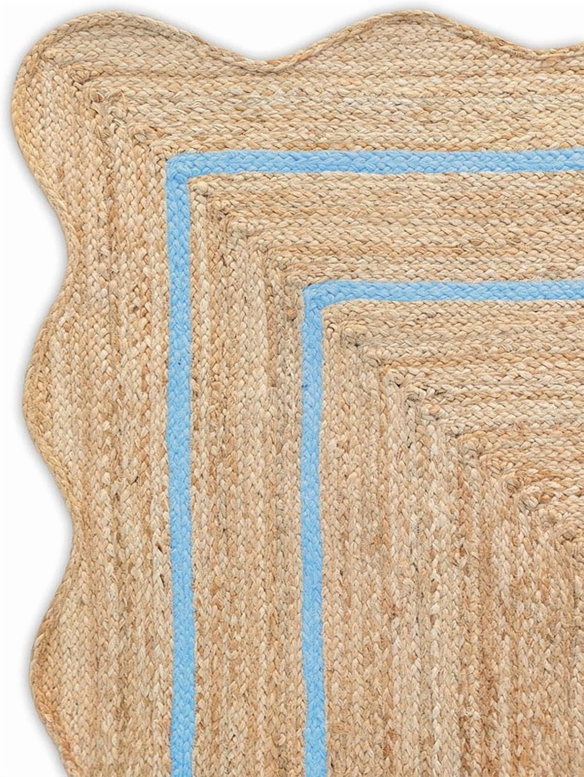 2.6x4 Ft Sky Blue Border Premium Scalloped Jute Rug – Handcrafted Natural Braided Carpet for Living Room, Bedroom, Entryway – Boho Home Decor
