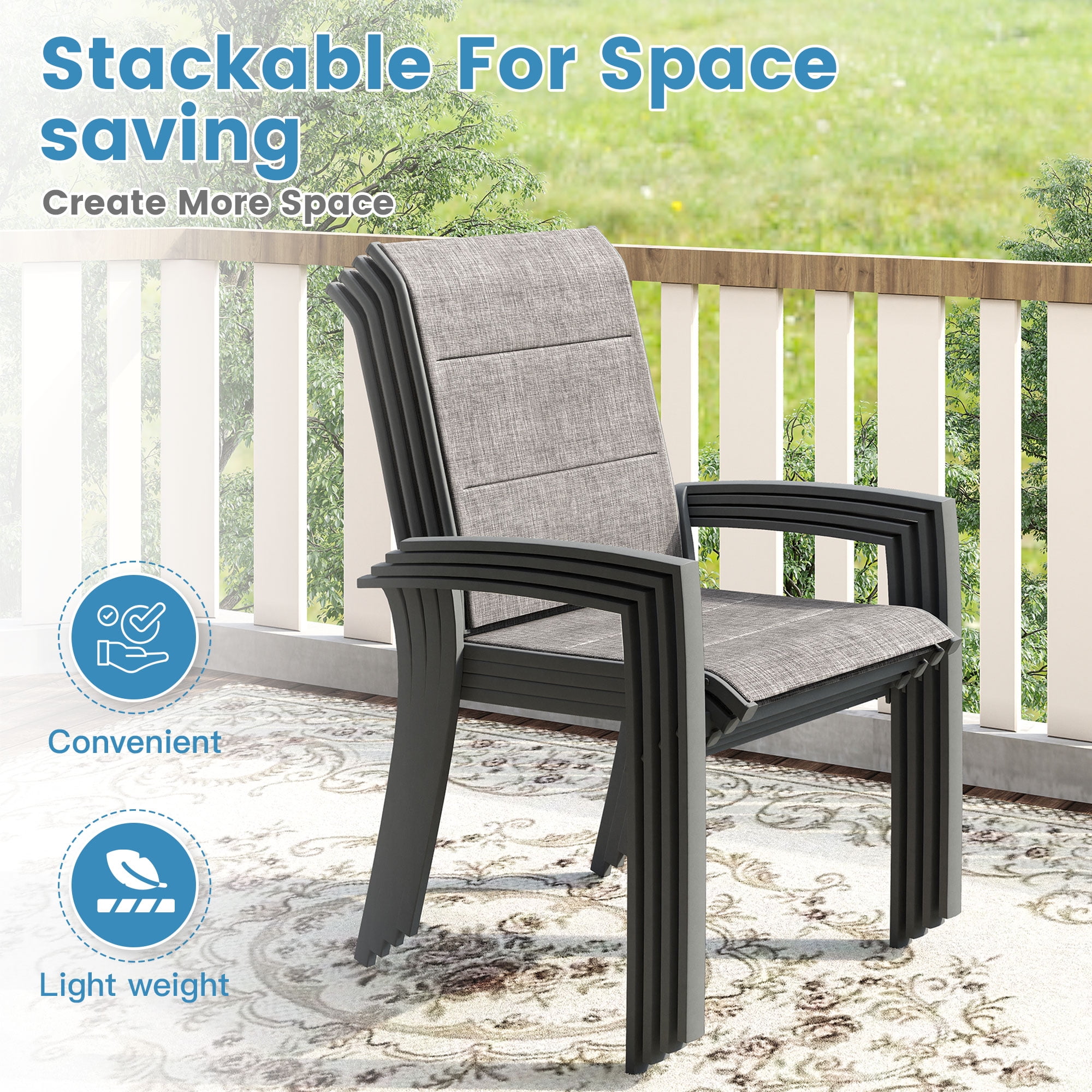 Vicllax Outdoor Patio Dining Chairs Stackable Padded Metal Frames with Textilene, Set of 6, Gray