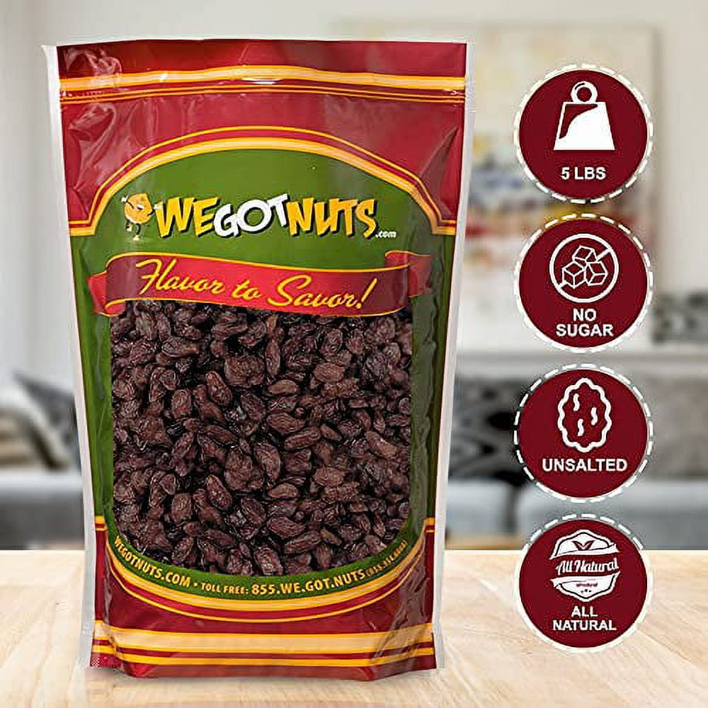 Dark California Dried Raisins By We Got Nuts-5 lbs (80oz)- Premium Kosher Dried Raisins- Grown In The USA- Natural, Pure, Unsalted, No Sugar Added- Gourmet Savory Flavor- Air-Tight Resealable Bag