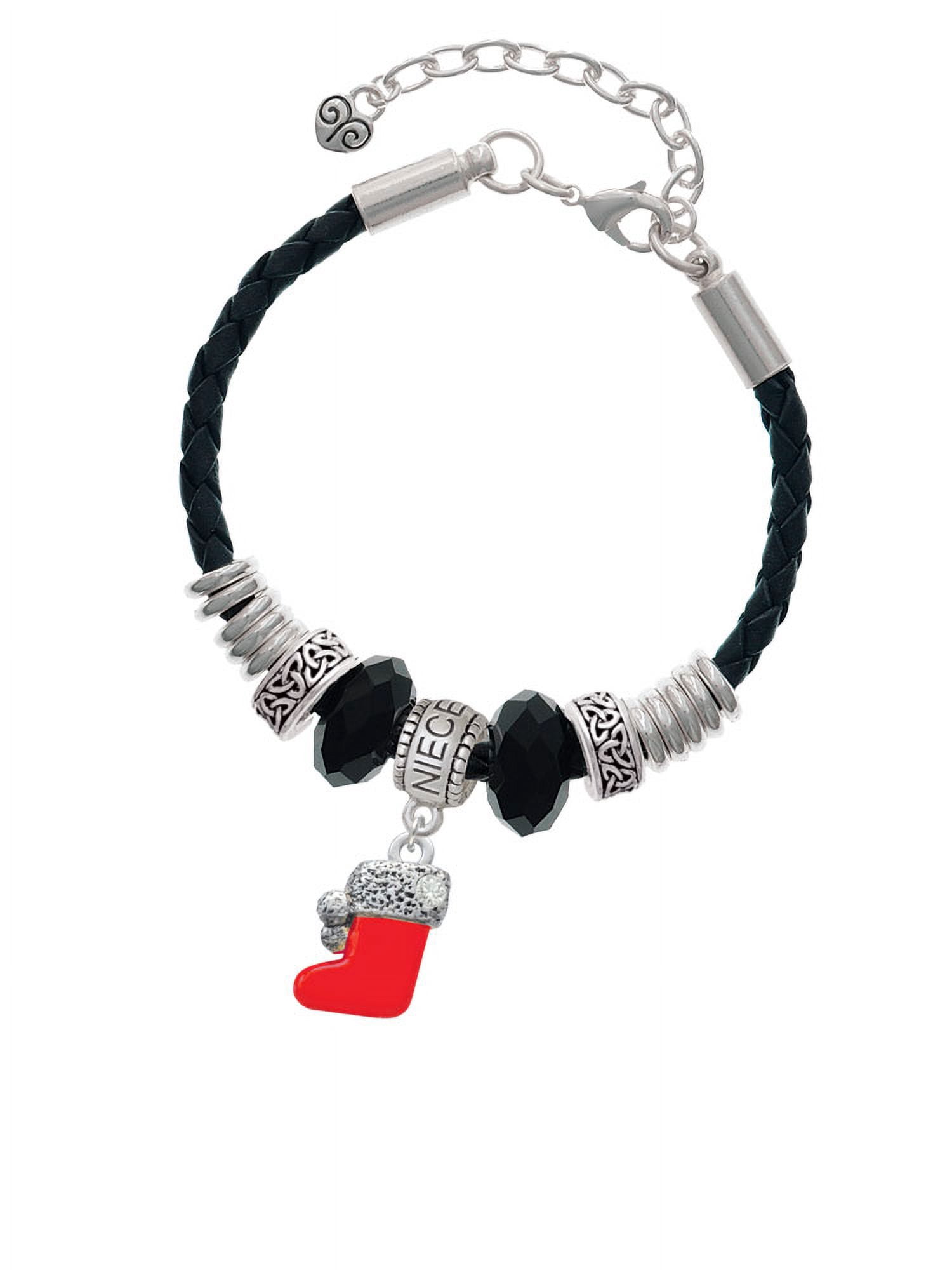 Delight Jewelry Silvertone 3-D Red Christmas Stocking Niece Celtic Knot Leather Bead Bracelet, 7"+2" Extender