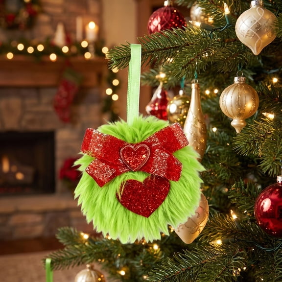 JHRGJIO Green Christmas Tree Ornaments, Hanging Bauble with Red Glitter Bow Accent, Heart Detail Cute Holiday Decor Xmas Tree Wreath Window 2.36 Inch Christmas Winter Decor