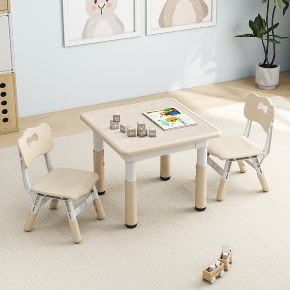 CuFun Kids Table and 2 Chairs Set, Height-Adjustable Toddler Table and Chairs Set with Graffiti Desktop, Suitable for daycare centers, homes, and kindergartens