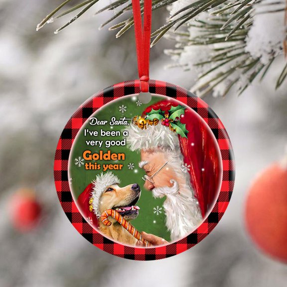 Flagwix Ceramic Christmas Tree Ornaments| Dear Santa I've Been A Very Good Golden This Year Hanging Ornament With Ribbon|Christmas Gifts - Circle, 1 Pcs