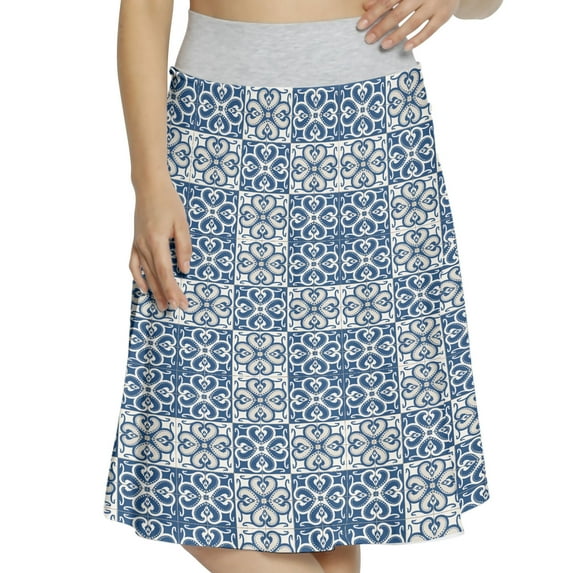 Women's Ethnic Azulejo Tiles Arrangement A-line Printed Skirt Casual Wear, 2XL, Blue and Ivory, by Ambesonne