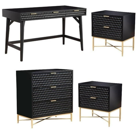 Home Square 4-Piece Set with 3 Drawer Chest & 2 Nightstands & Large Wood Desk