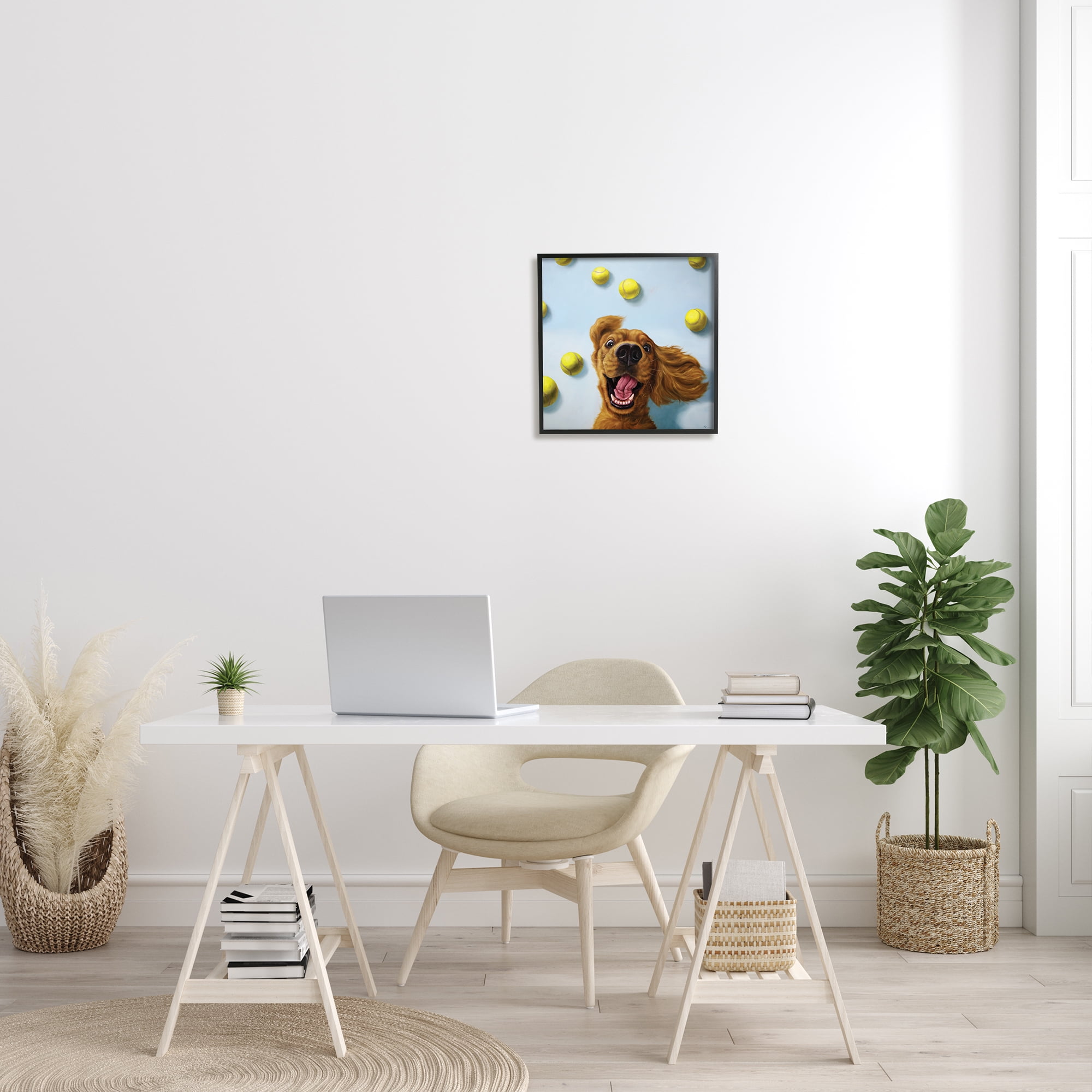 Happy Smiling Pet Dog with Yellow Tennis Balls Animals & Insects Framed Art Print Wall Art, 17x17