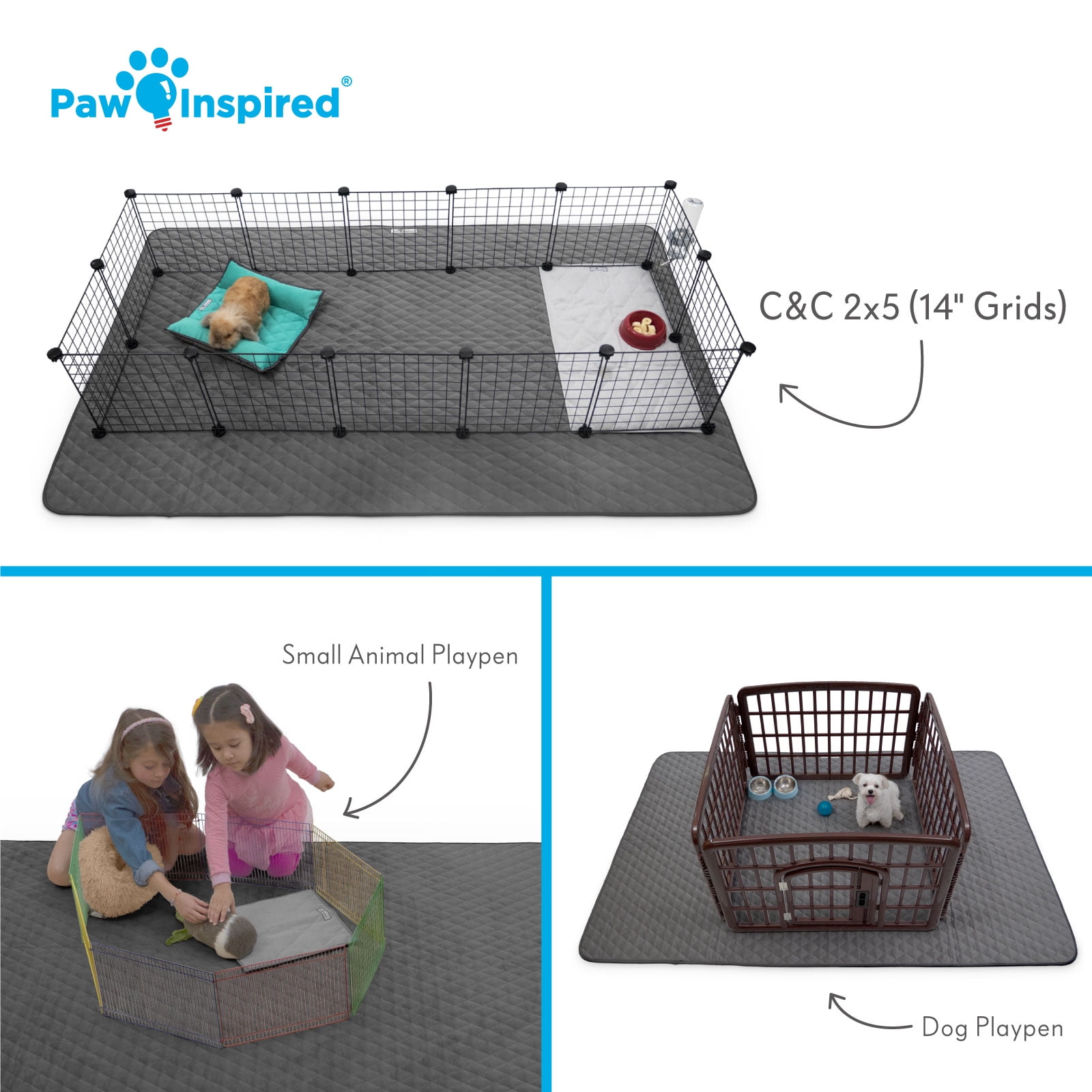 Paw Inspired 80x50” Waterproof Dog Playpen Mat, Pet Kennel Play Pen Pad for Puppy, Rabbit, Guinea Pig, Small Animals | Super Absorbent Fleece Cage Liner with Non-Slip Bottom (Dark Gray)