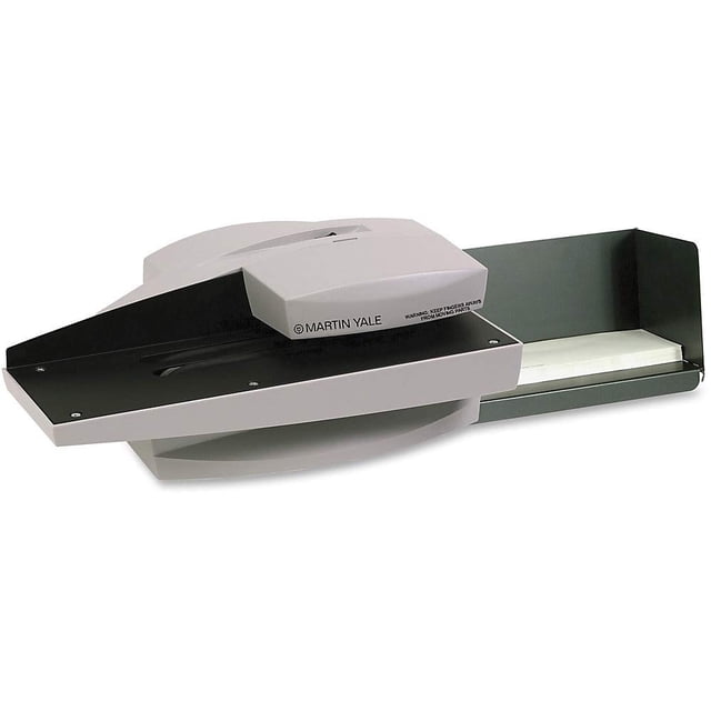 Martin Yale 1632 Automatic Letter Opener in grey, ideal for office supplies, automatically feeds and opens stacks of envelopes efficiently. Features a compact design with a visible envelope tray and branded logo on the side.