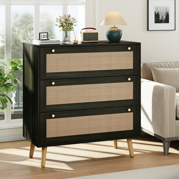 Dresser for Bedroom, 36'' Rattan Modern Chest of Drawers, 3 Drawer Storage Dresser, Closet Dressers with Golden Handles, Farmhouse Nightstand for Hallway, Living Room, Entryway