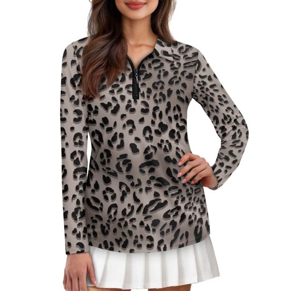 FUIALDOLG Gray Leopard Print Womens UPF 50 Moisture Wicking Sun Golf Polo Shirt Lightweight Quick Dry Long Sleeve Workout Tops Lightweight Running Pullover Tennis Top,XL