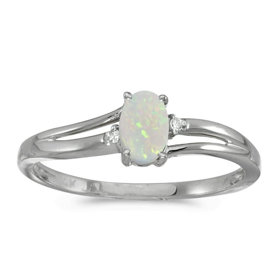 14k White Gold Oval Opal And Diamond Ring