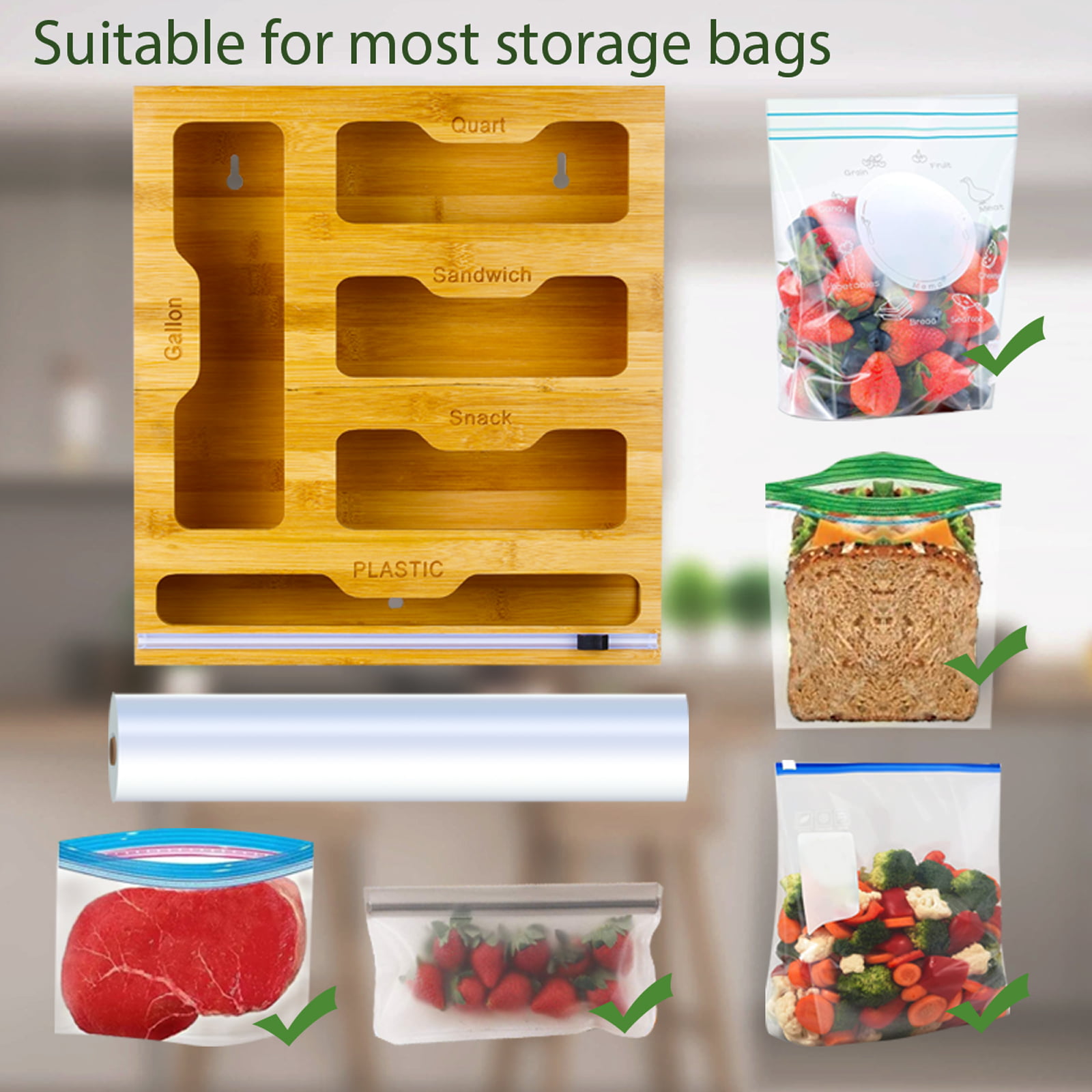 Bamboo Ziplock Bag Storage Organizer for Drawer and Wall-Mount; Gallon, Quart, Sandwich and Snack Plastic Bag Organizer; 4 Compartment Kitchen