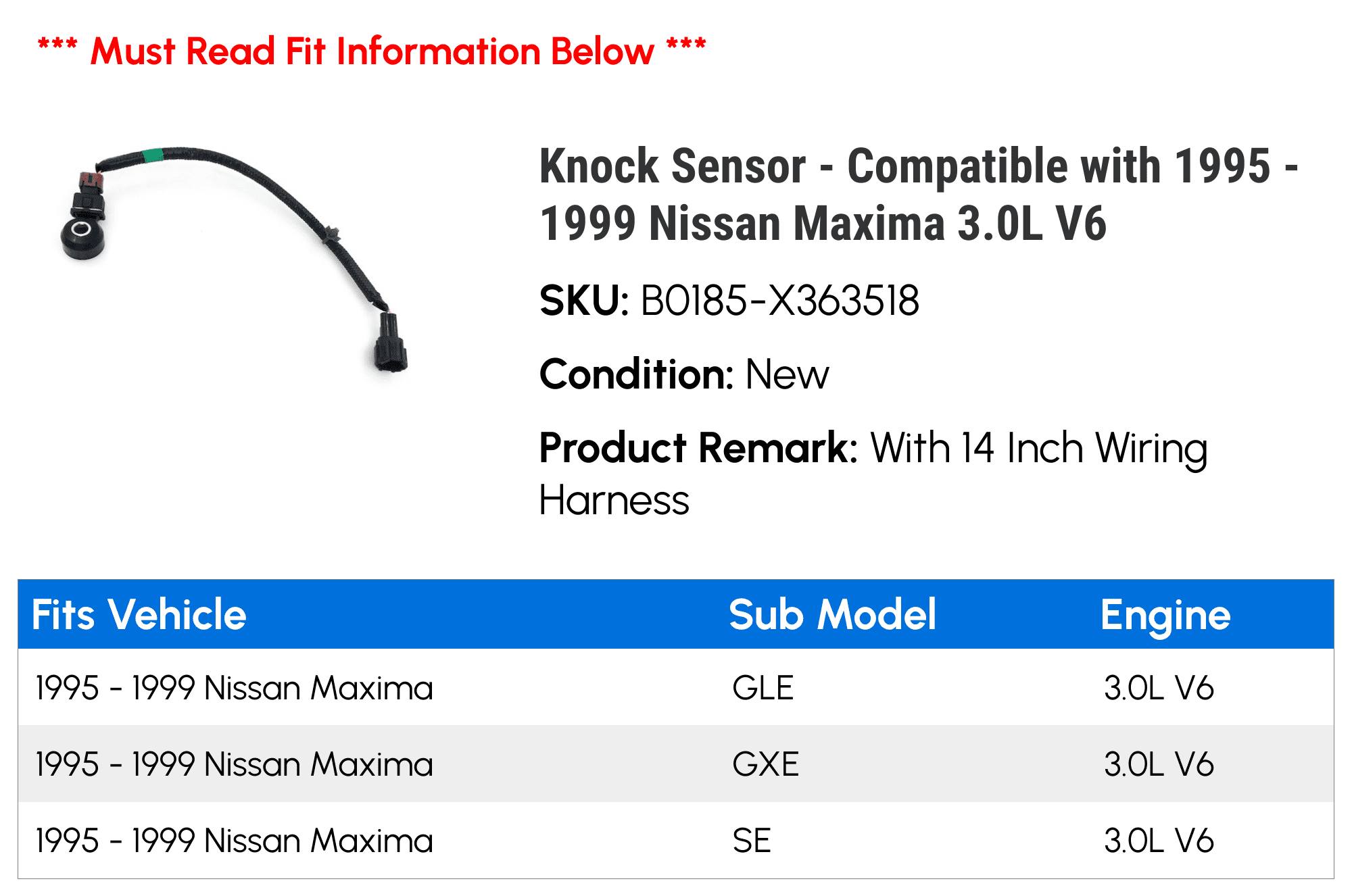 Knock Sensor - Compatible with 1995 - 1999 Nissan Maxima 3.0L V6 1996 1997 1998