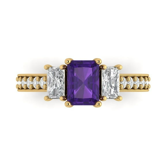 1.88 ct Emerald Cut Natural Amethyst Three-Stone Engagement Ring for Women in 14K Yellow Gold